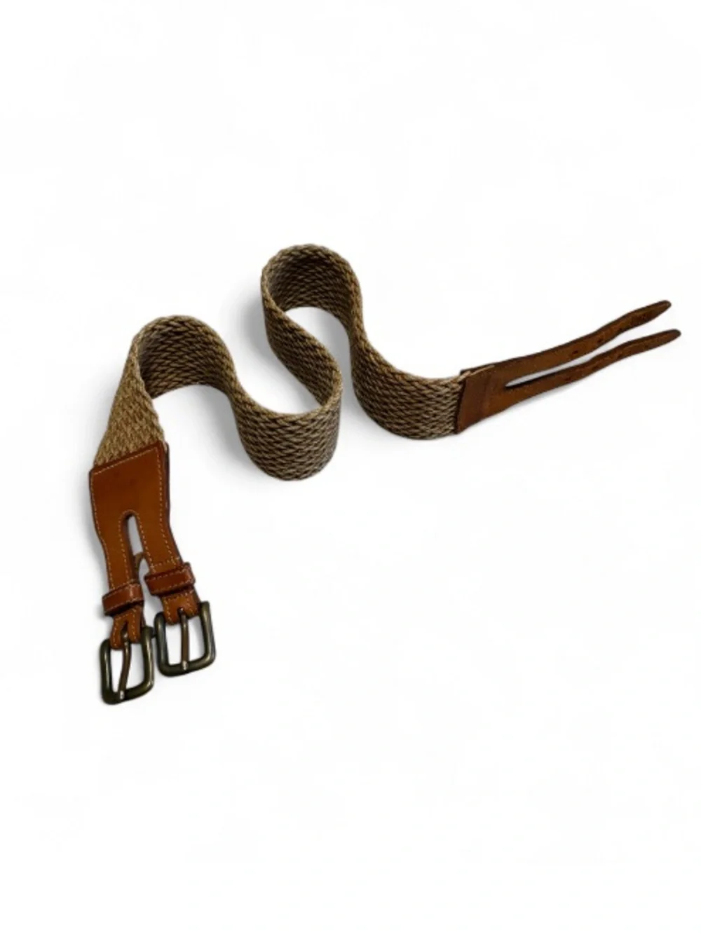 Vintage Banana Republic Woven Cotton and Leather Belt w/Double Brass Buckles